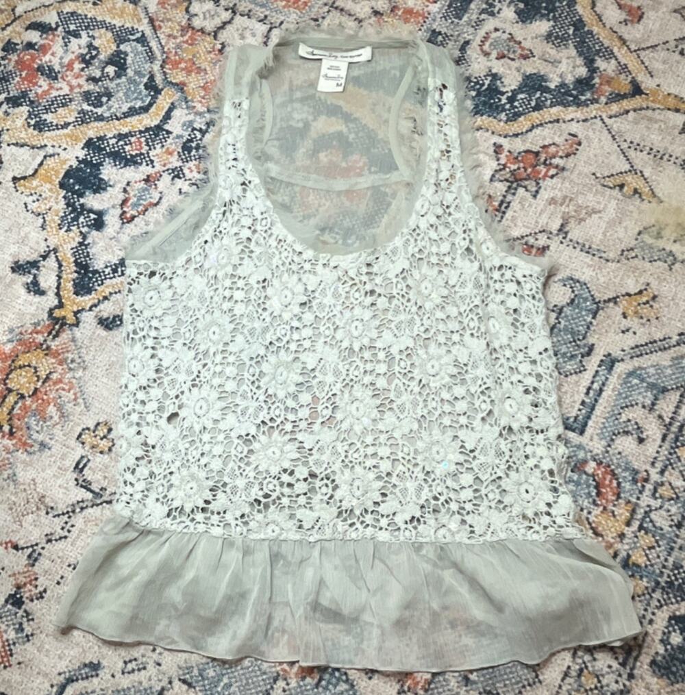 American Rag Cie Sheer Lace Ruffle Hem Scoop Neck Tank Top Women’s M White